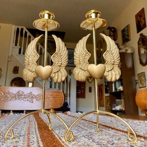 Pair Of Vintage Brass Pillar Candle Holders Adorned w/ Ornate Hearts with Wings